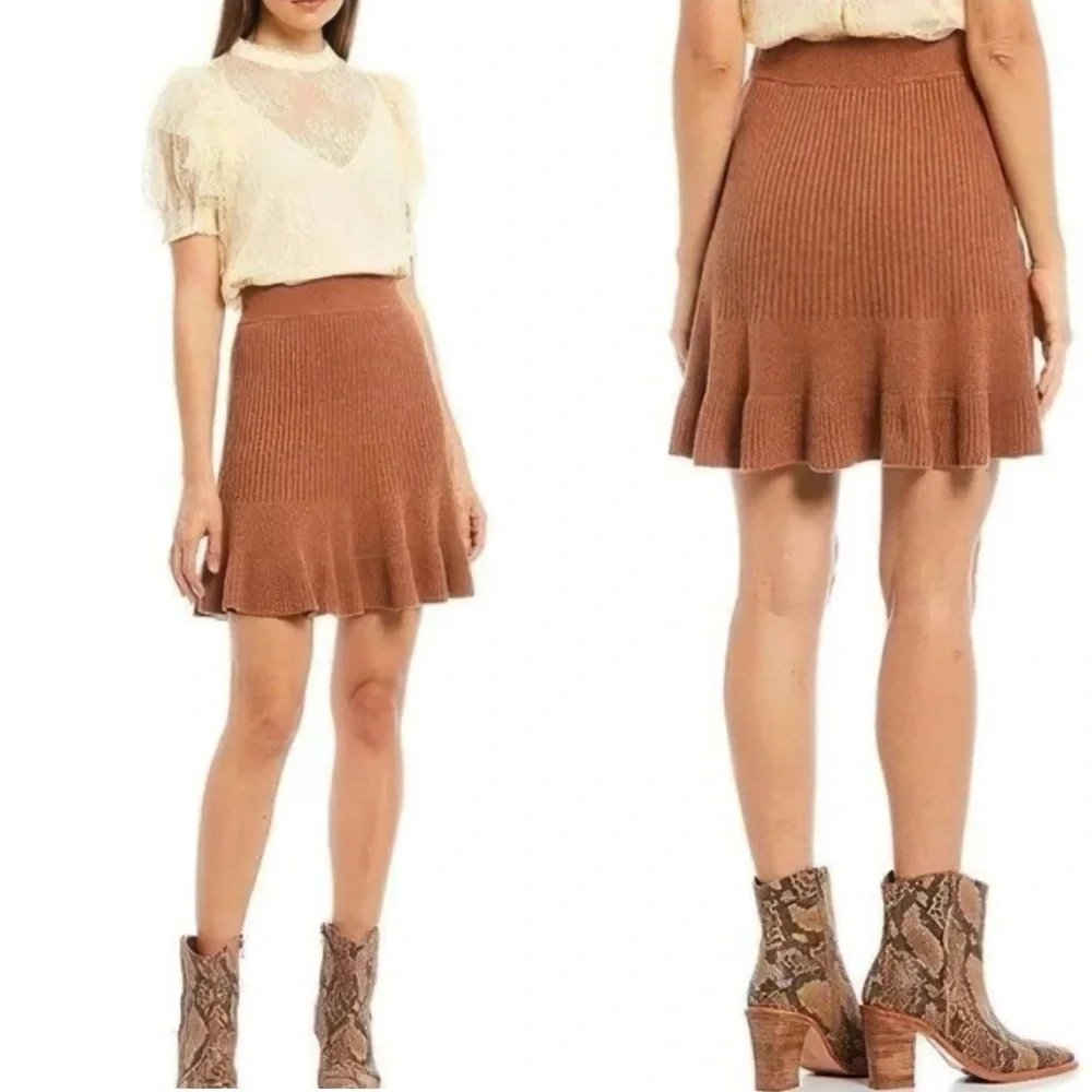 Free People Solid Gold Knit Skirt Cocoa Heather